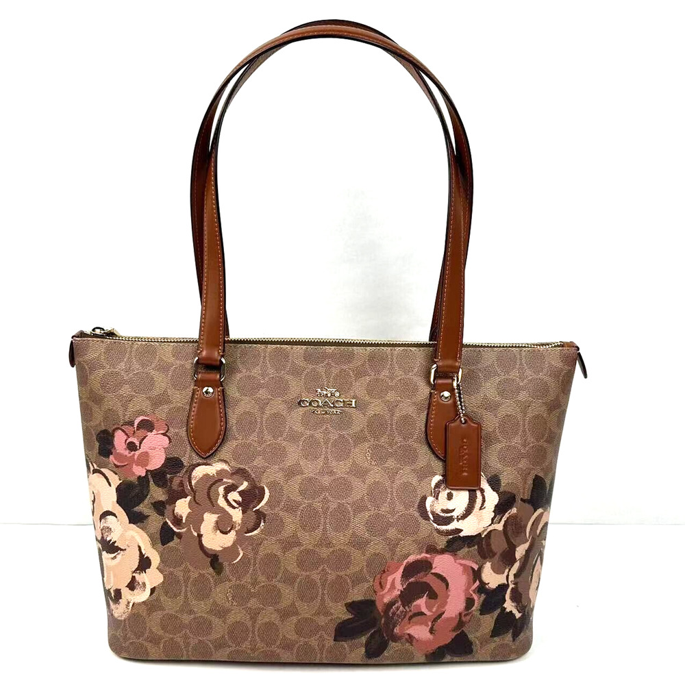 Coach Brown Floral Print Signature Canvas Tote with Pink Accents